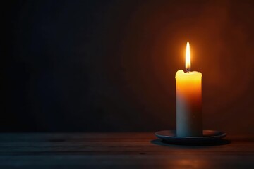 A lone candle flame burns brightly against darkened walls, simple elegance, candle flame