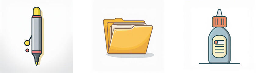 Description:
Three office stationery icons: a pen for writing and drawing, a folder for files, and a glue bottle for sticking papers together.

Keywords: