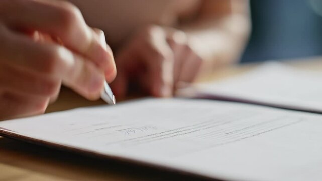 Closeup hand signing contract at office desk. Unrecognizable male approving deal