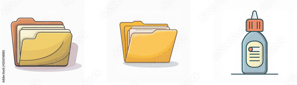 Poster three icons are displayed: a stack of file folders, a single file folder, and a bottle of glue. thes