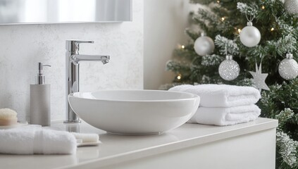 Fototapeta premium Modern Bathroom Christmas Decor: Festive Sinkside Serenity