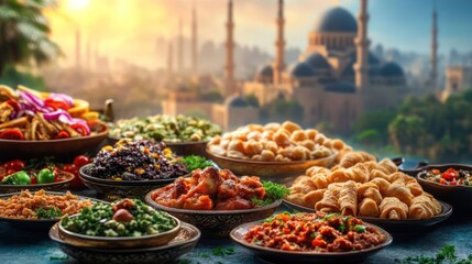 Fototapeta premium A table set with an assortment of Middle Eastern dishes, including various salads and appetizers, with a blurred background featuring a mosque or other Islamic building.