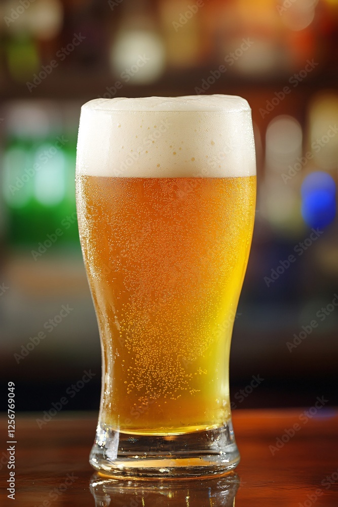 Poster glass of cold beer with condensation resting on bar