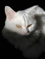 White cat with black background