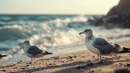 quiet coastline with seagulls resting on the sand, the ocean waves gently lapping against the shore in the background.