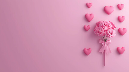 Cute Valentine's Day Decorations with Hearts and Roses on Soft Pink Background