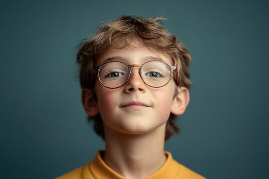 Portrait of a freckled boy wearing glasses. Ideal for education, childhood, or eyewear themes.