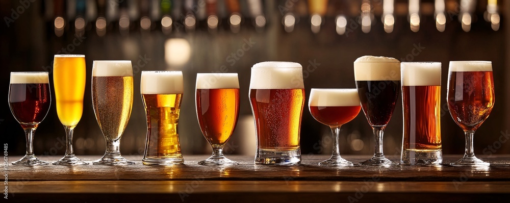 Aufkleber Different beer types standing on bar counter with taps in background
