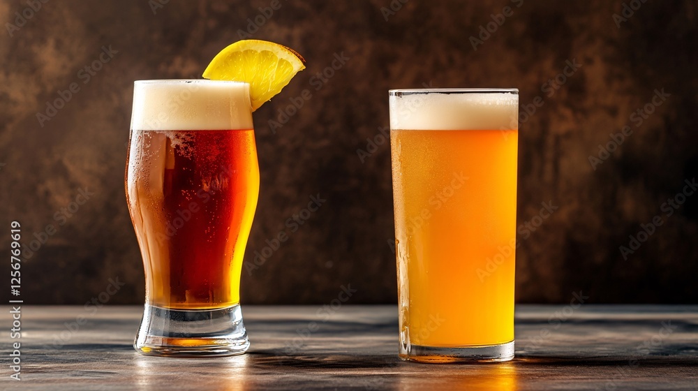 Poster two glasses of beer resting on a bar top with a dark background