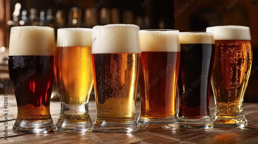Poster row of various beer types standing on wooden bar counter