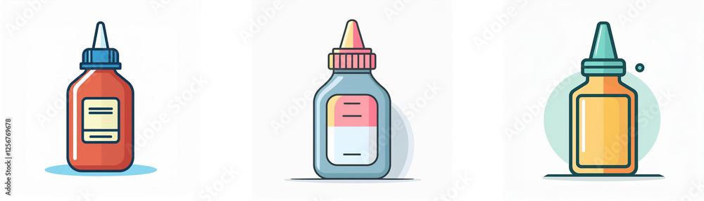 Poster three bottles with pointy applicator tips and labels are displayed. they are different colors: orang