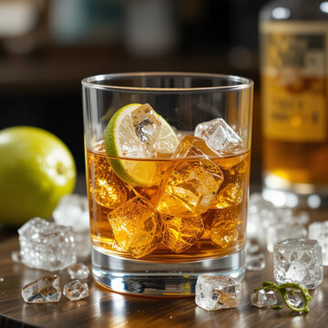 Primer plano vaso de whisky con hielo y una rodaja de limon rodeado de cubitos de hielo junto a un lim&oacute;n y una botella
