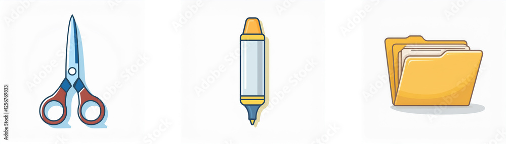 Poster three common icons on a white background: scissors, a marker, and a folder, representing basic digit