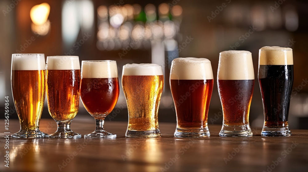Poster row of beer glasses standing on bar counter in pub