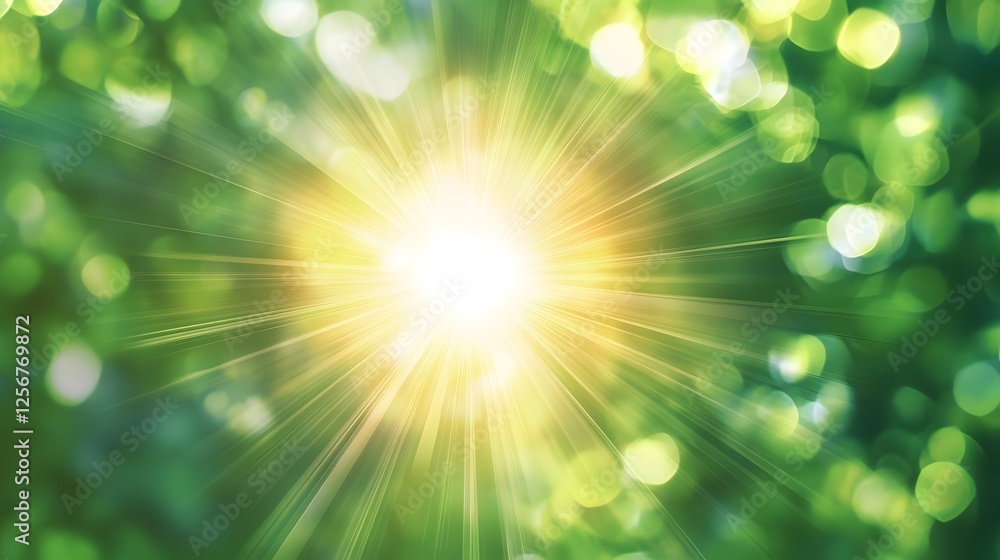 Poster sunburst light effect with green bokeh background