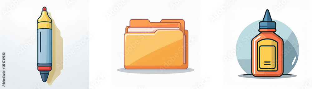Poster three icons are displayed against a white background. the icons represent a marker, an open folder, 