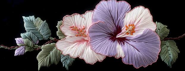 Embroidered hibiscus flowers, dark background, craft