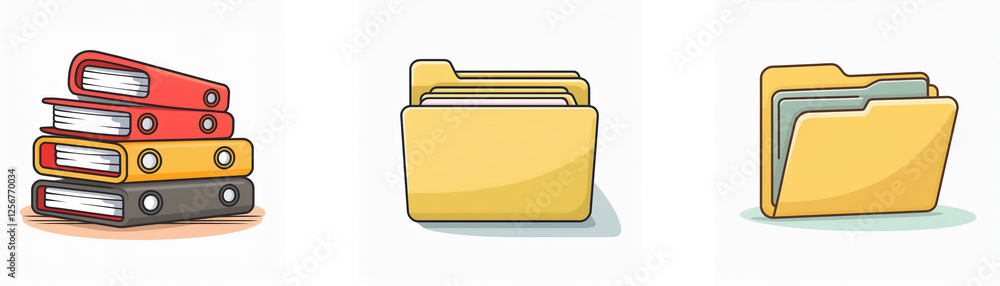 Poster description: three office icons include a stack of colorful binders and two yellow file folders, one