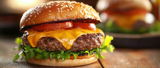 Juicy and Perfectly Grilled Cheeseburger Close Up with Lettuce and Tomato on Wooden Table