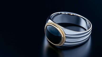 Elegant silver and gold signet ring with black stone on a dark reflective background