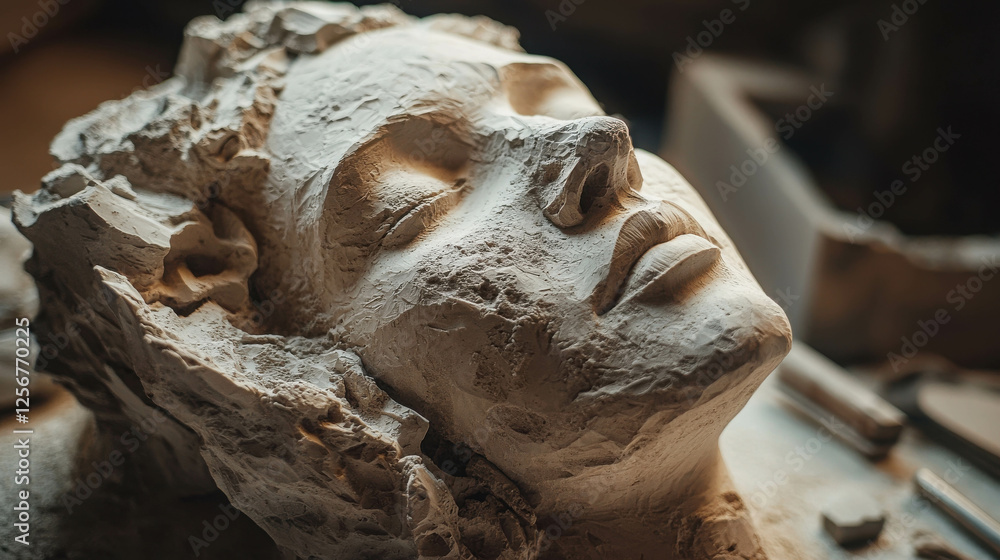 Poster close up of rough stone carving in progress with intricate facial features