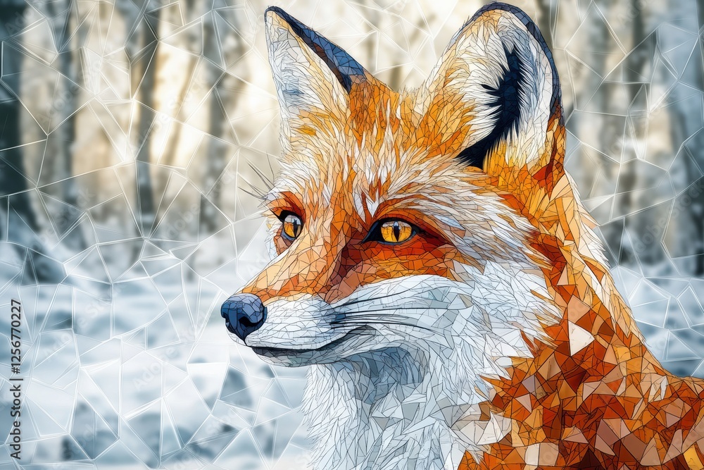Fototapete mosaic fox portrait in intricate patterns set against a serene snowy forest background. generative a