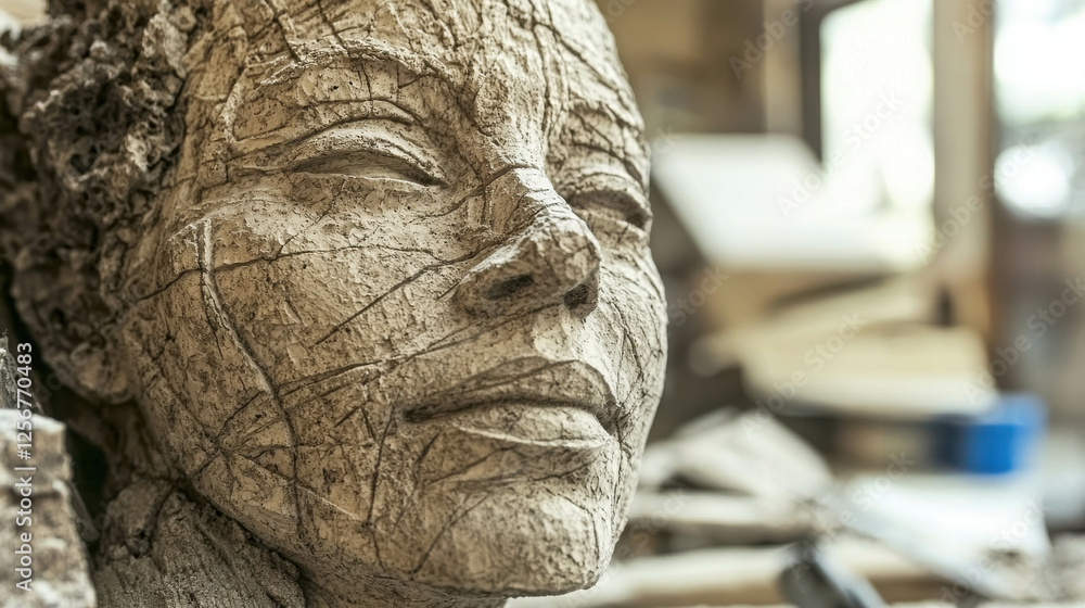 Poster close-up of rough stone carving in progress showcasing intricate details and textures