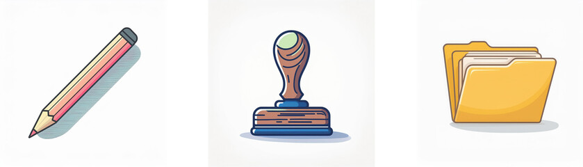 Icons of pencil, stamp, and folder represent office stationery and document management for writing, marking, and organizing files.