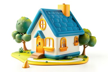 Cartoon house with blue roof yellow door and cartoon trees in a bright setting