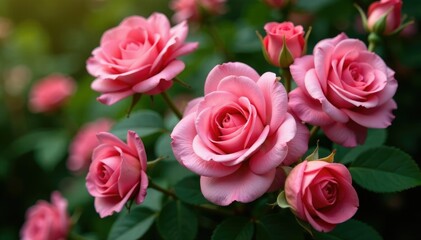 Obraz premium Densely packed pink roses on a compact rose bush with lush greenery, flowers, bush, bouquet