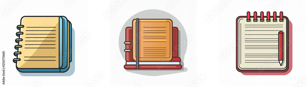 Poster three varied notebook icons are displayed: spiral-bound, binder-style, and classic with a pencil. ea