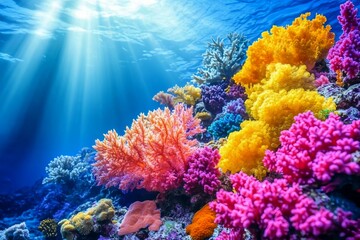 Naklejka premium Vibrant Underwater Coral Garden with Rays of Sunlight Shining