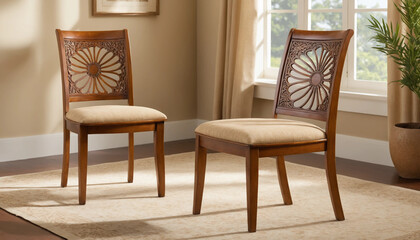 A beautifully crafted, antique wooden chair with a rich, honey-brown finish, set against a soft, warm background, with a delicate, intricate pattern of interlocking wooden slats and a sturdy, curved b