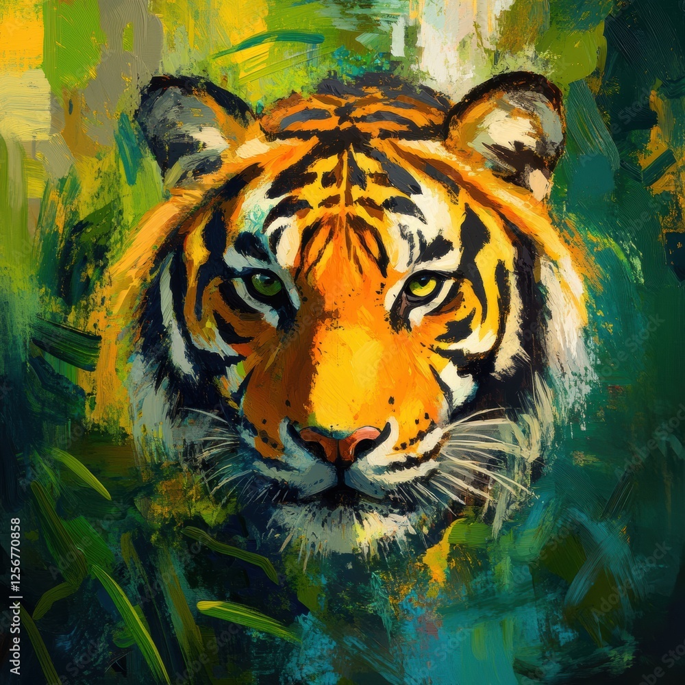 Aufkleber vibrant tiger portrait against a lush jungle background with ample space for text inclusion. generat