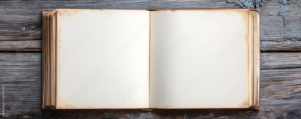 Poster open book with blank pages on wooden table is displaying copy space