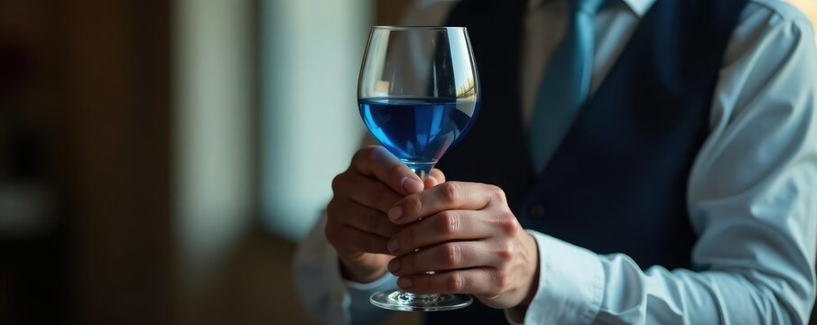 Elegant mand holding a glass of blue wine with a serene background, soothing, refined