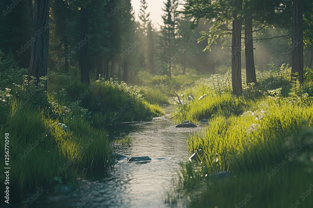Poster serene forest stream illuminated by sunlight filtering through the trees above
