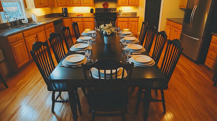 Family dinner, kitchen, home, table setting