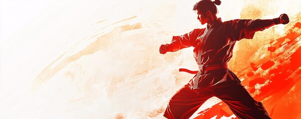 Young man practicing karate martial arts posing with red overlay