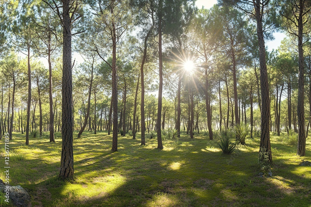 Poster sunlight filters through a dense forest canopy illuminating the forest floor