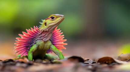 Naklejka premium vibrant frilled lizard displaying its colorful frill in natural setting, showcasing its unique features and vivid colors amidst blurred background