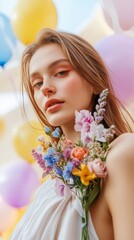 Naklejka premium Woman in festive attire with spring corsage, celebrating Women's Day amidst balloons and banners 