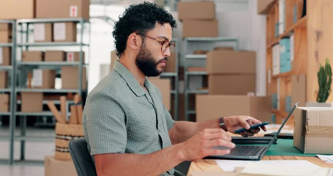Businessman, logistics or typing with laptop for schedule delivery, inventory check or supply chain at storage warehouse. Man, employee or distributor with technology for online order or distribution