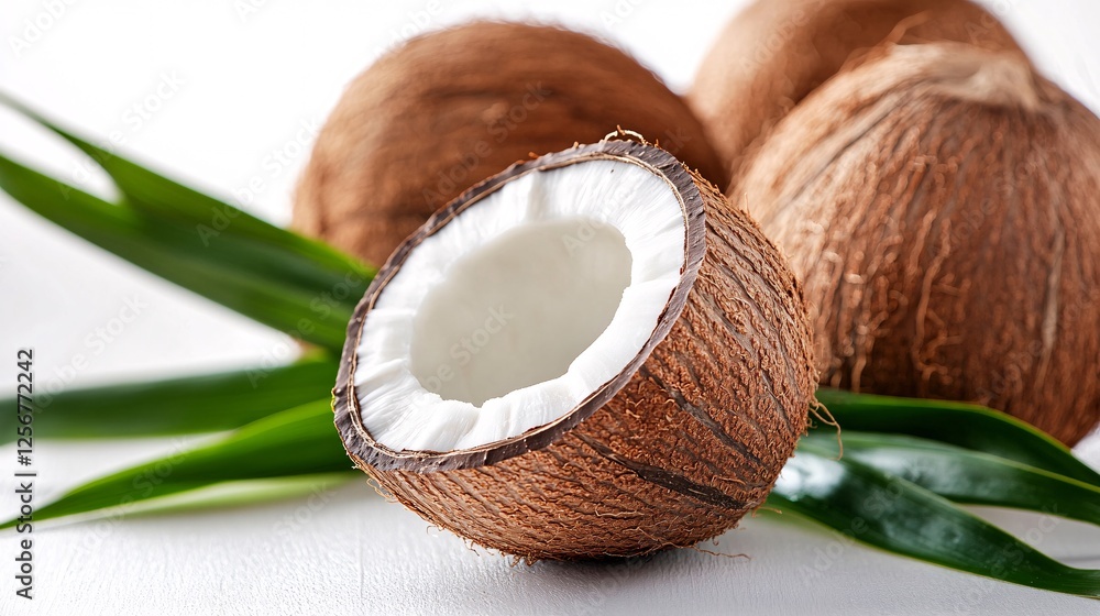 Poster fresh coconut is opened on table with palm tree leaves