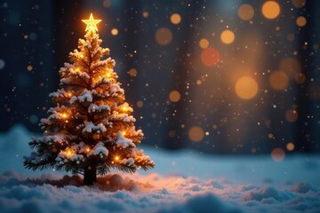 Glittering snow-covered Christmas tree in a warm glow, sparkles, cozy atmosphere