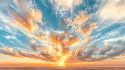 Obraz premium Vibrant sunset over ocean, colorful cloudscape, dramatic sky, peaceful scene, nature background