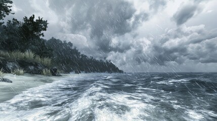 Stormy Beach Scene with Dramatic Clouds and Turbulent Waves Captured in a Natural Marine Landscape