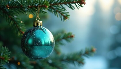 Obraz premium Glittering turquoise glass ornament hanging from bare fir tree limbs, decoration, ornament