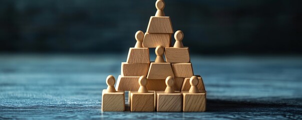 Wooden blocks forming pyramid chart showing hierarchy and different levels of leadership