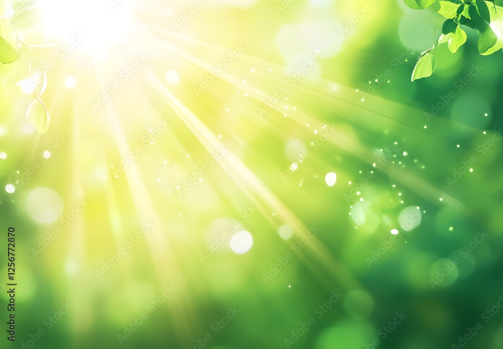 Poster sunlight rays and green foliage bokeh